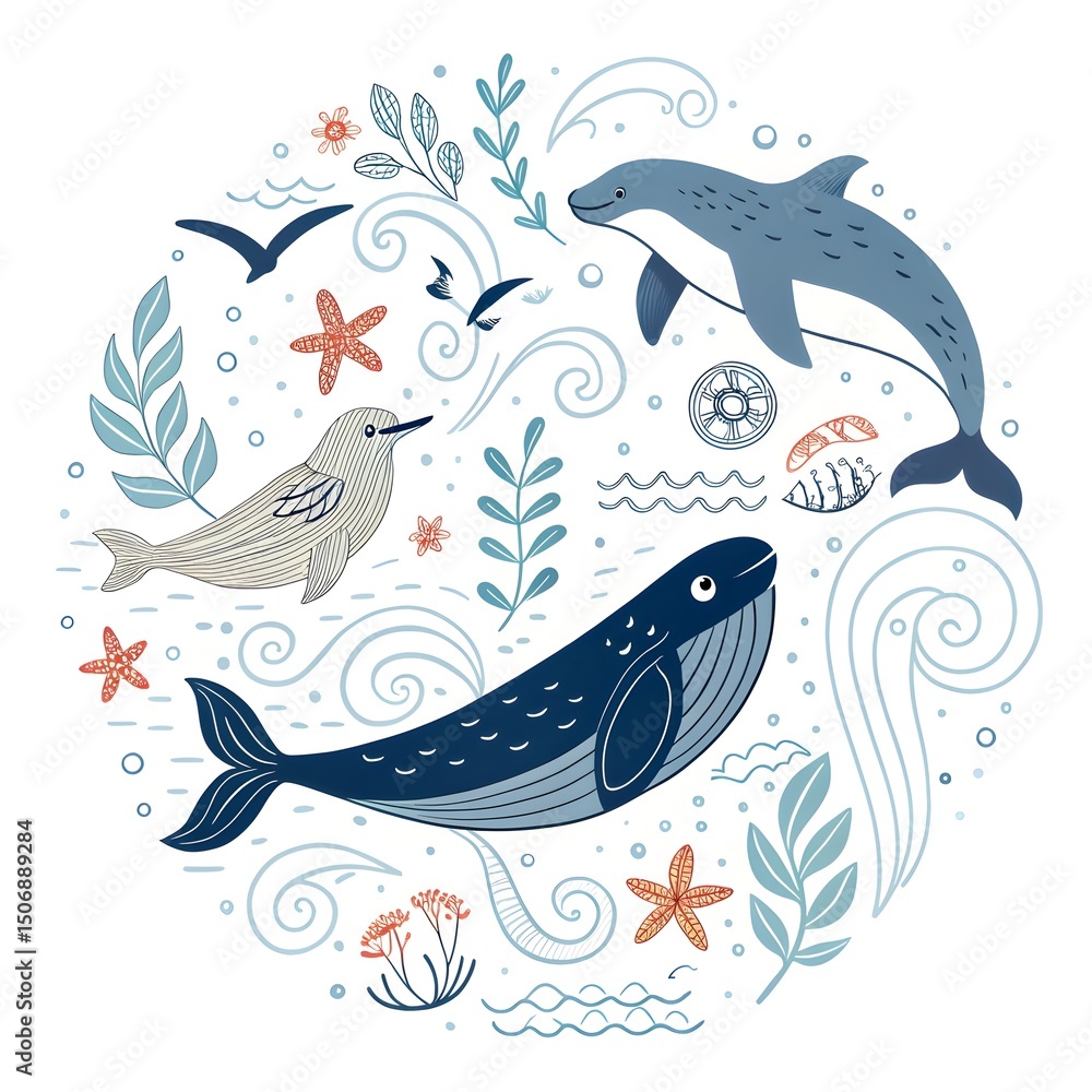 Sea Spirits of the North in Minimal Folk Style, nordic ocean folk, minimalist sea animals, scandinavian marine art, wave pattern flat design, northern sea illustration, awe, surreal, elegance Sea Spirits of the North in Minimal Folk Style, nordic ocean folk, minimalist sea animals, scandinavian marine art, wave pattern flat design, northern sea illustration, awe, surreal, elegance