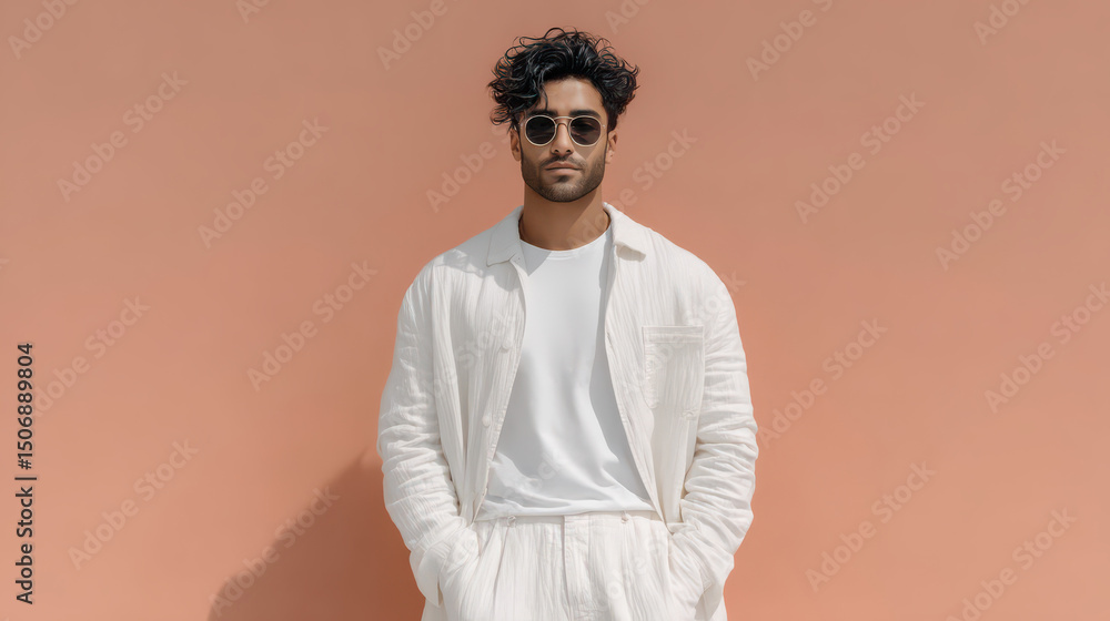 Obraz premium Effortless Elegance: A modern man in an all-white ensemble exudes relaxed confidence, his stylish sunglasses adding an air of mystery against a warm backdrop.