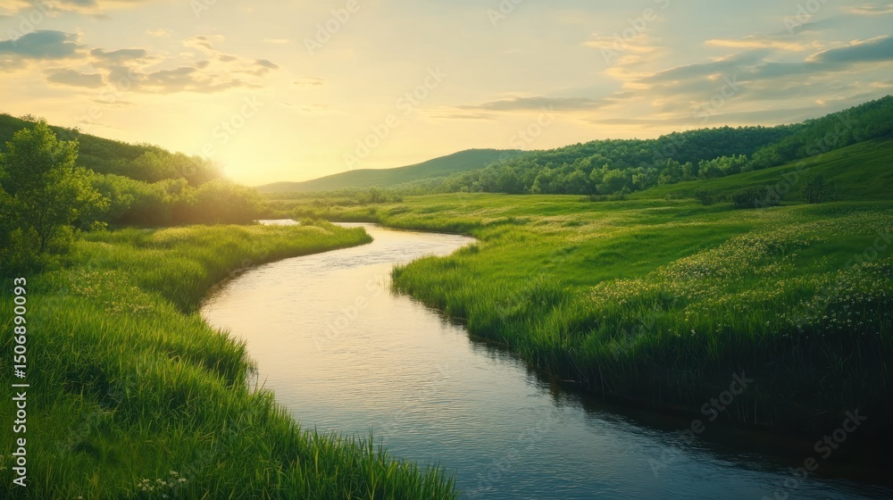 Fototapeta premium Serene River Valley Sunset