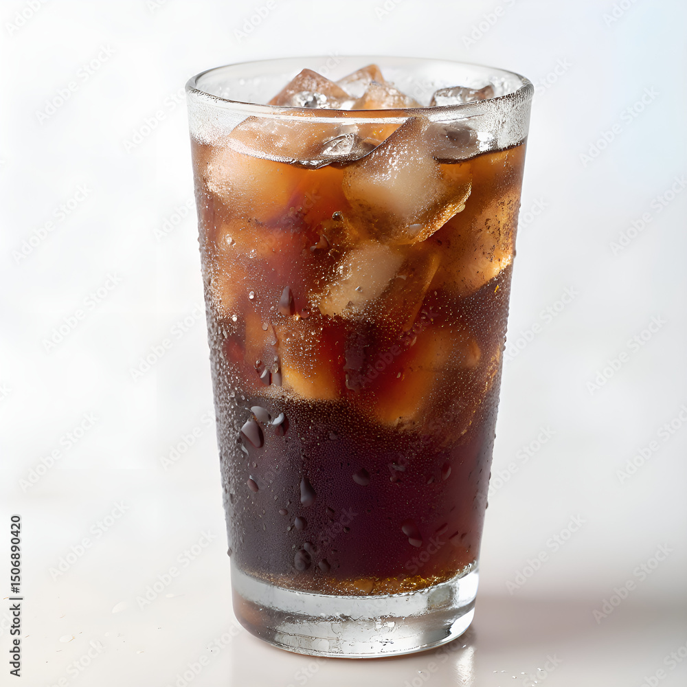 Cold Cola with Ice Cubes and Condensation in a Glass Cold Cola with Ice Cubes and Condensation in a Glass