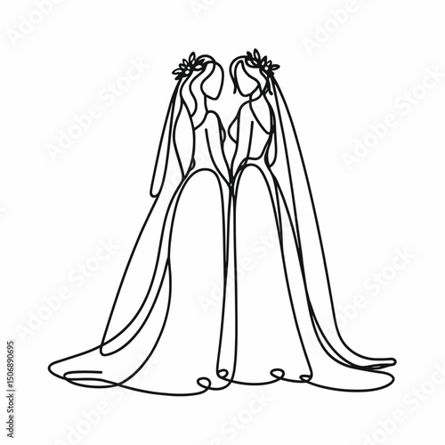 Minimalist line art of two brides standing together in wedding dresses and veils, holding hands. LGBTQ+ wedding symbol