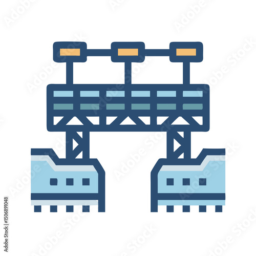 Blue industrial structure icon with orange accents on White