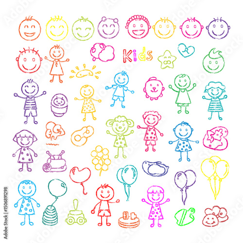 Kid crayon hand drawn background. Children school pencil bg. child icon. Vector kid sketch illustration. Cute crayon children pattern. Color pencil doodle