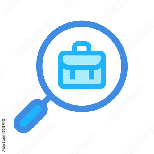 Blue magnifying glass focused on business briefcase, career search