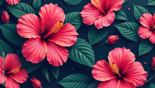 Wallpaper Mural Bold vibrant hibiscus blossoms, tropical repeat, orange, repeat, summer Torontodigital.ca