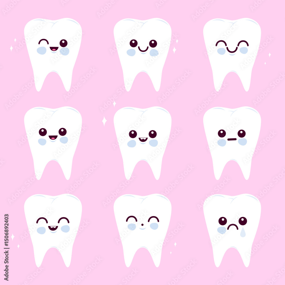 Obraz premium Funny cute dental hygiene set with cartoon teeth characters smiling. Cute kids dentist office cartoons. Dental hygiene tooth set. Children dentistry, oral hygiene characters. Vector illustration