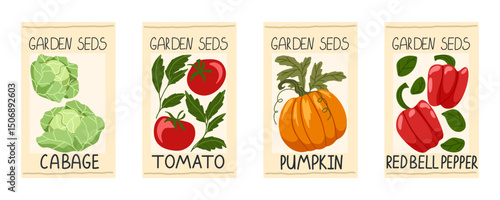 Vegetable seeds packages vector set. Pack of cabbage, tomato, pumpkin, red bell pepper seeds. Package design for gardening farming agriculture