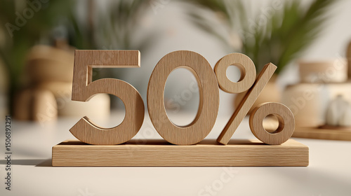 Wooden Percentage Symbol on Light Brown Table in Natural Light – Conceptual Discount Icon for Sale, Finance, Retail Promotion, or Business Marketing