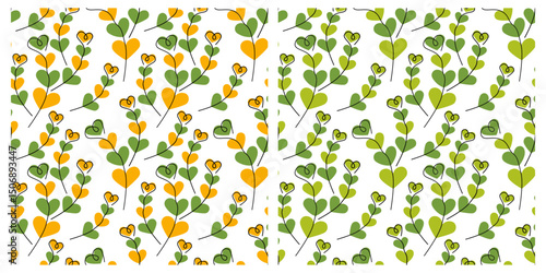Hand Drawn Heart Shape floral twigs Seamless Pattern Spring Celebrations Background Festive fond Set