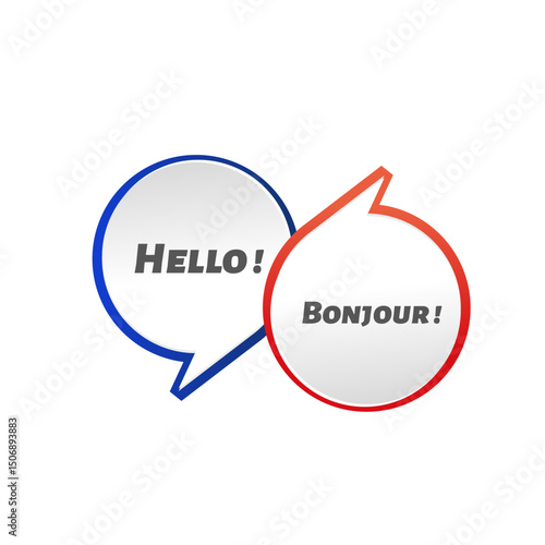 Interconnected Speech Bubbles Hello and Bonjour in Blue and Red