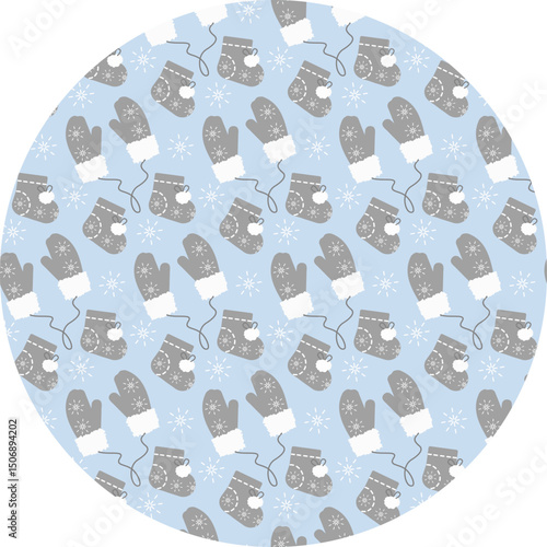 Fur Mittens on rope and Cozy booties with snowflakes decor Winter Seamless Pattern on Round Backdrop