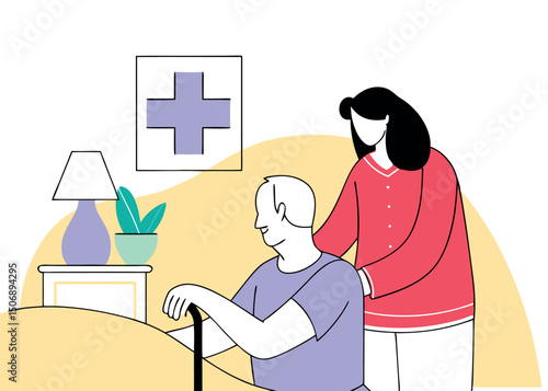 Senior Care Vector Illustration Elderly Man and Caregiver Support