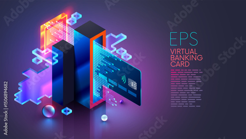 Virtual digital banking card in cyberspace.. An online bank issues virtual credit card for online shopping, vacations. Big credit card is flying in virtual digital world. Sea, mountains, sun, clouds.