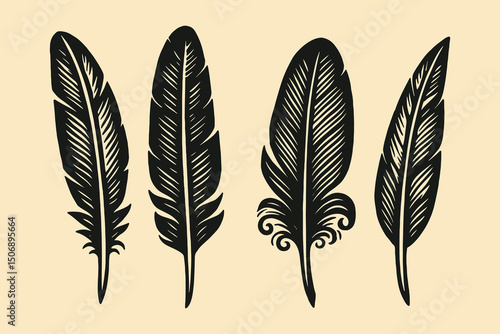 Feathers set engraving style black and white vector illustration

