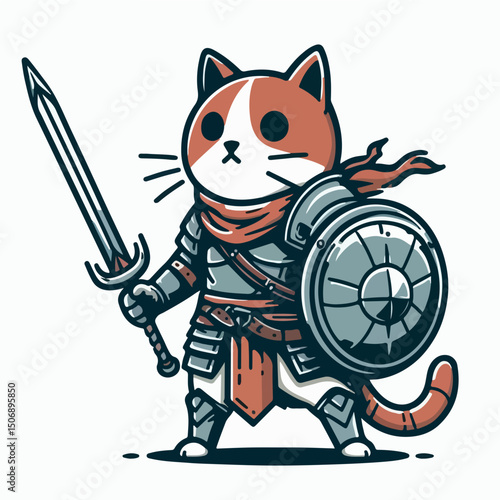 Warrior Cat's Stand: A brave feline warrior stands ready, armed with a gleaming sword and sturdy shield, prepared for any challenge.