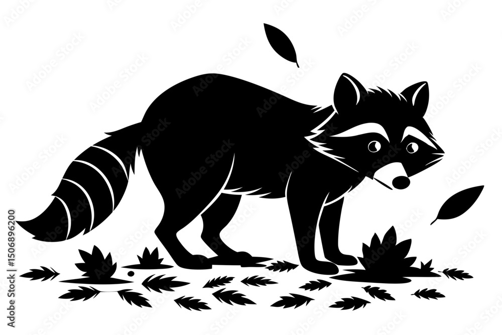 Obraz premium Raccoon Silhouette Among Leaves Artistic Black and White Illustration
