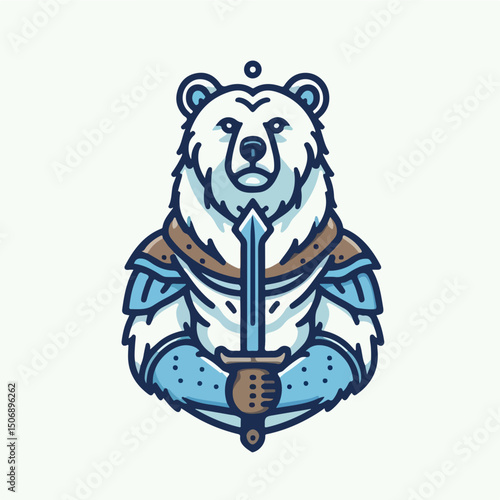 The Noble Guardian: A regal polar bear, adorned in symbolic armor and wielding a shining blade, embodies strength and resilience in a captivating illustration.