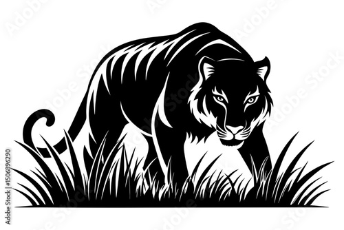 Powerful Black Tiger Stalking Through Grass on White Background Illustration