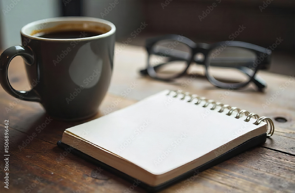 Notebook Beside Coffee Cup and eyes Glasses on Wooden Table, copy space Notebook Beside Coffee Cup and eyes Glasses on Wooden Table, copy space