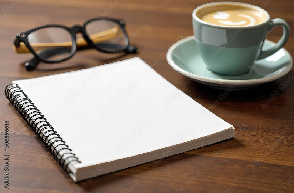 Notebook Beside Coffee Cup and eyes Glasses on Wooden Table, copy space Notebook Beside Coffee Cup and eyes Glasses on Wooden Table, copy space