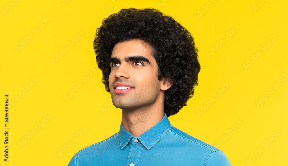 Fototapeta premium Portrait of a happy young Indian man with curly hair wearing a denim shirt, laughing and looking away over a yellow background. Concept with copy space.