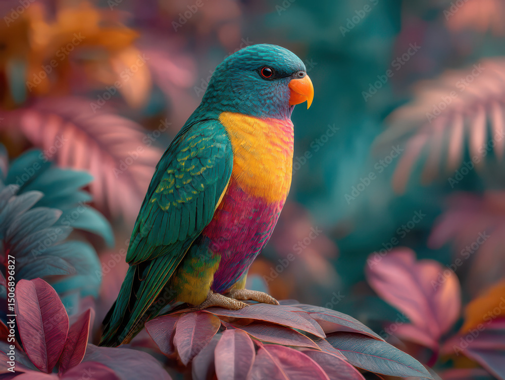 Fototapeta premium A striking parrot, with its dazzling array of colors, perches amidst lush foliage, embodying the beauty of a tropical environment. 