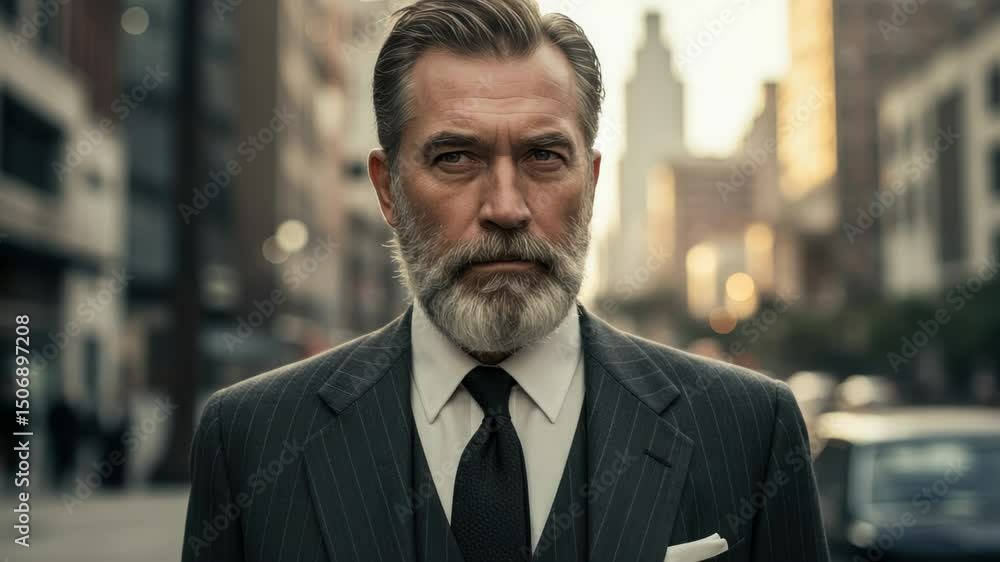 Confident Senior Businessman Standing Proudly in the City Center Wearing a Pinstripe Suit Confident Senior Businessman Standing Proudly in the City Center Wearing a Pinstripe Suit