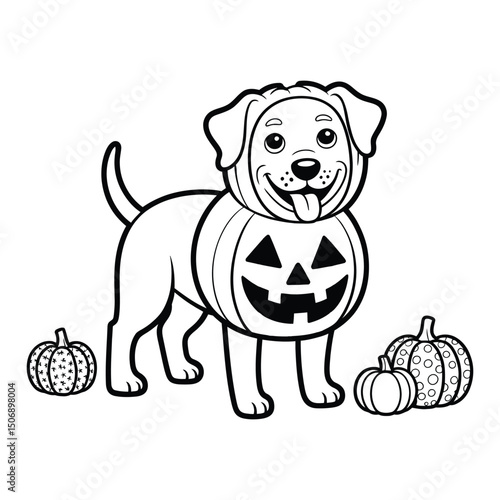 Dog in Halloween costume Coloring Page, Silhouette, Vector, Illustration, Outline, Logo, White Background.