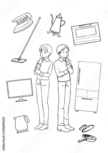 新生活の準備を考える新社会人の男性と女性の白黒ベクターイラスト