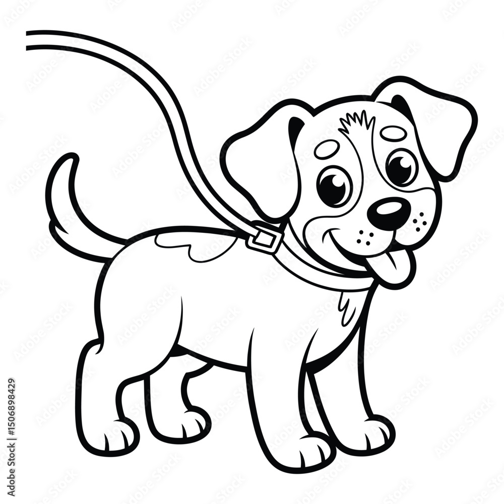 Dog with leash ready to walk Coloring Page, Silhouette, Vector, Illustration, Outline, Logo, White Background. Dog with leash ready to walk Coloring Page, Silhouette, Vector, Illustration, Outline, Logo, White Background.