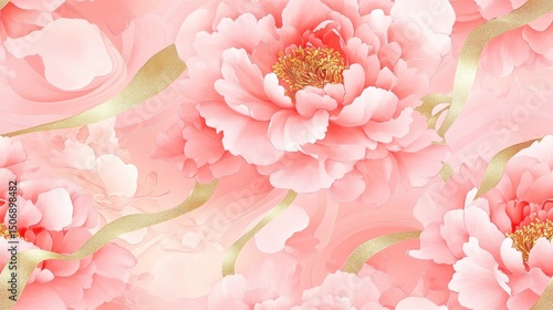 Fototapeta Naklejka Na Ścianę i Meble -  seamless chinoiserie pattern with soft pink peonies and gold trimmed vines, watercolor style