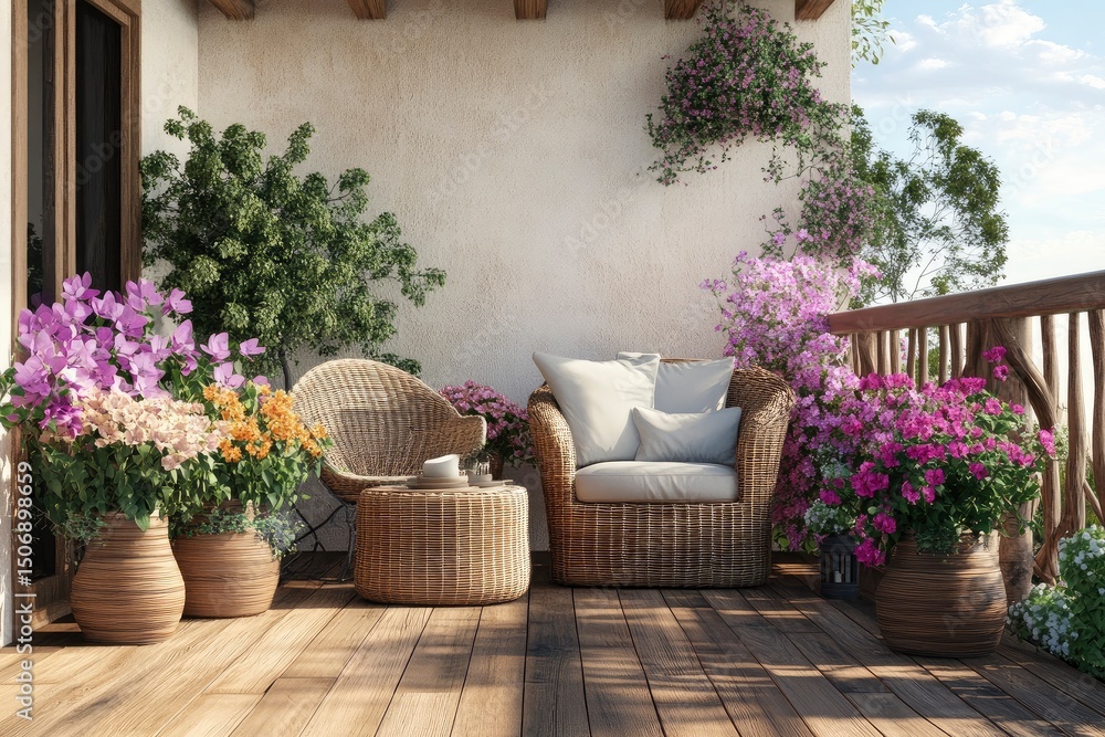 Balcony with wooden floor, elegant wicker furniture and flower pots. Eco style in the design of residential premises. Balcony with wooden floor, elegant wicker furniture and flower pots. Eco style in the design of residential premises.
