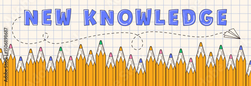 Welcome to school. Horizontal banner with a checkered background, text, and colorful pencils. Educational program, learning, knowledge, and new skills. School, college, education
