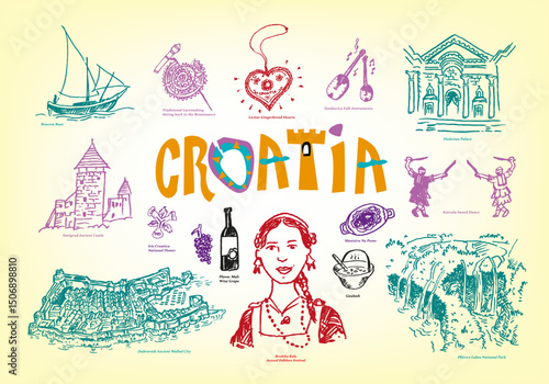 Croatia Culture and Tourist Spots Doodle Handdrawn style images. Vector EPS10 illustration Outline art and Jpg versions.