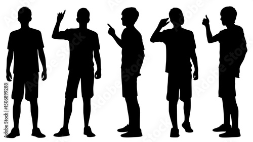 "Illustrate a minimalist human figure pose reference chart using twelve silhouettes of young men in casual outfits, each captured in a unique standing or gesturing position, with a front-facing, neutr
