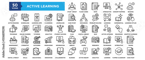 50 Active Learning icon set. Containing design education, learning, school, development, classroom, activity	