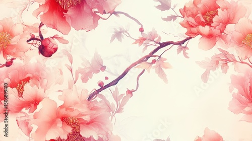 Fototapeta Naklejka Na Ścianę i Meble -  flowing peonies and twisting vines in a classical oriental arrangement, watercolor style