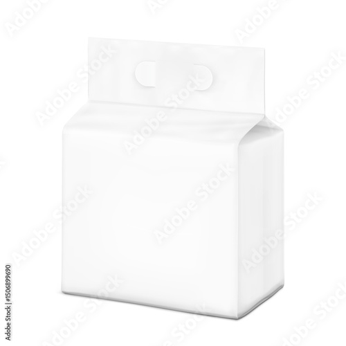 Realistic stand bag with hole handle mockup. Half side view. Vector illustration isolated on white background. Suite for the presentation of changing mats, diapers, wet wipes, pants.EPS10.