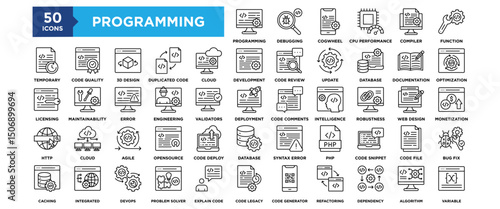50 Computer Programming icon set. Containing design technology, software, programming, data, internet	