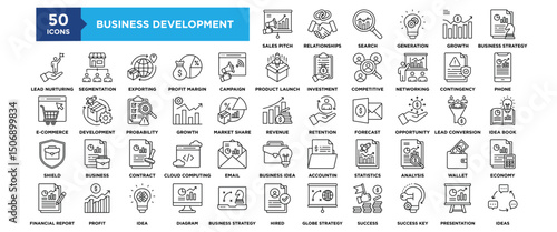 50 Business Development icon set. Containing design business, development, strategy, team, management, success	
