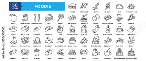 50 Foodies icon set. Containing design food, meal, lifestyle, tasty, delicious	