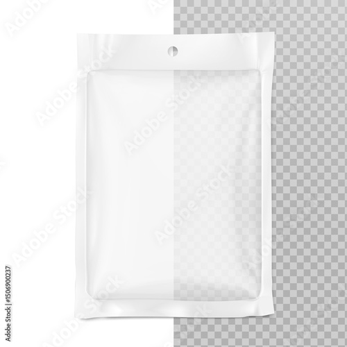 Transparent sachet bag with euro slot mockup. Hyper realistic vector illustration on white and transparent background. Ready for use in your design. EPS10.