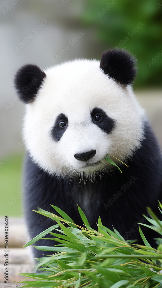 Fototapeta premium Cute panda chewing bamboo leaves peacefully in natural habitat