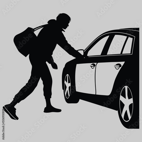 a person climbing into a car silhouette vector design art and illustration