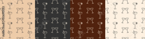 Line icons simple Cocktails seamless pattern set.Endless Prints with Martini on Beige,Brown,Black and White Background.Ideal for alcohol menu,party,wrapping,textile,wallpaper.Vector illustration EPS10