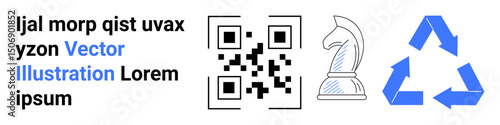 QR code, chess knight, and recycling arrows next to placeholder text. Ideal for strategy, sustainability, technology, innovation, branding, teamwork and a simple landing page