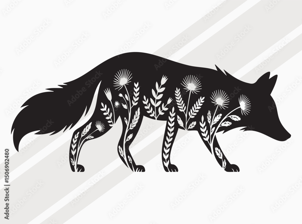 Fototapeta premium Fox Silhouette with Dandelion Flowers Pattern Illustration, Floral Wolf SVG, Wolf with Flowers Cut File, Wolf Silhouette with Wildfflowers, Wolf with Flowers SVG, Pretty Wildlflower Wolf Design