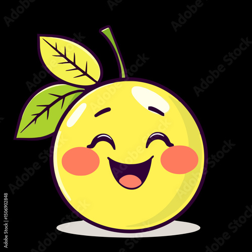 Happy Lemon Cartoon: A cheerful cartoon lemon with a big smile, rosy cheeks, and two green leaves. This bright and joyful illustration is perfect for adding a touch of zesty fun to any project.