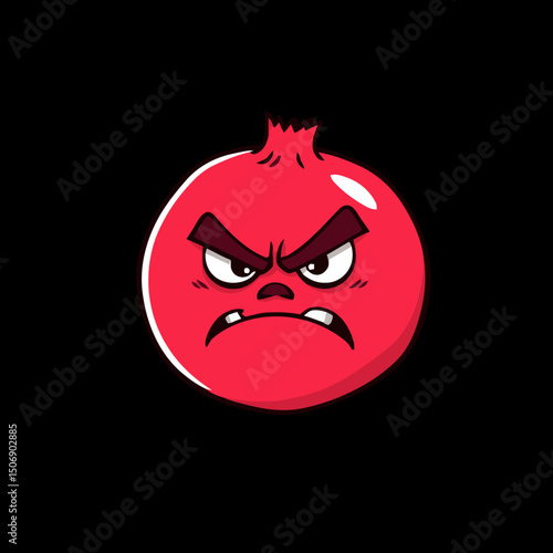 Anger Pomegranate: An enraged cartoon pomegranate with glaring eyes and a furrowed brow against a black backdrop. A symbol of anger.
