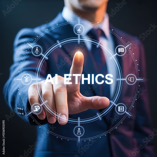 Businessman touching ai ethics concept highlighting future technology and artificial intelligence.
